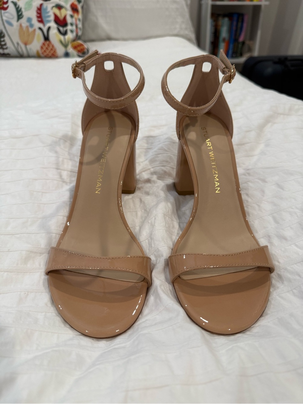 NEW IN BOX Stuart Weitzman Nude Patent Ankle-Strap Block Heels
